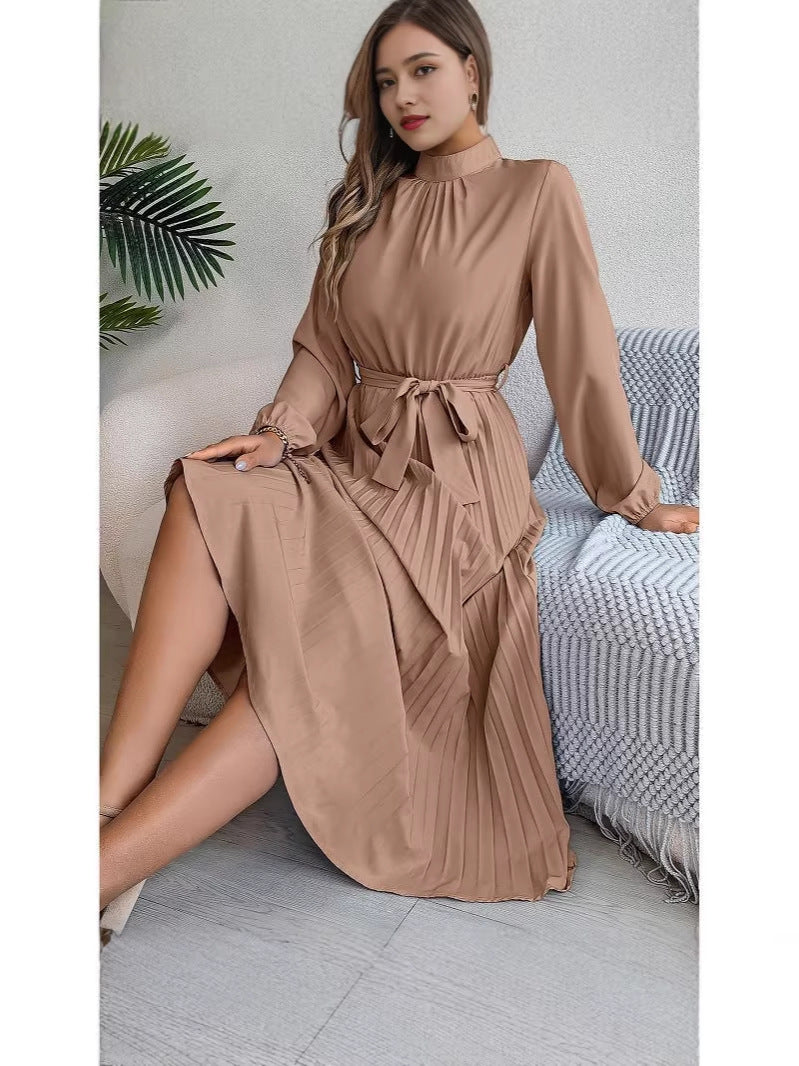 Women’s Elegant Pleated Stand Collar Long Gown