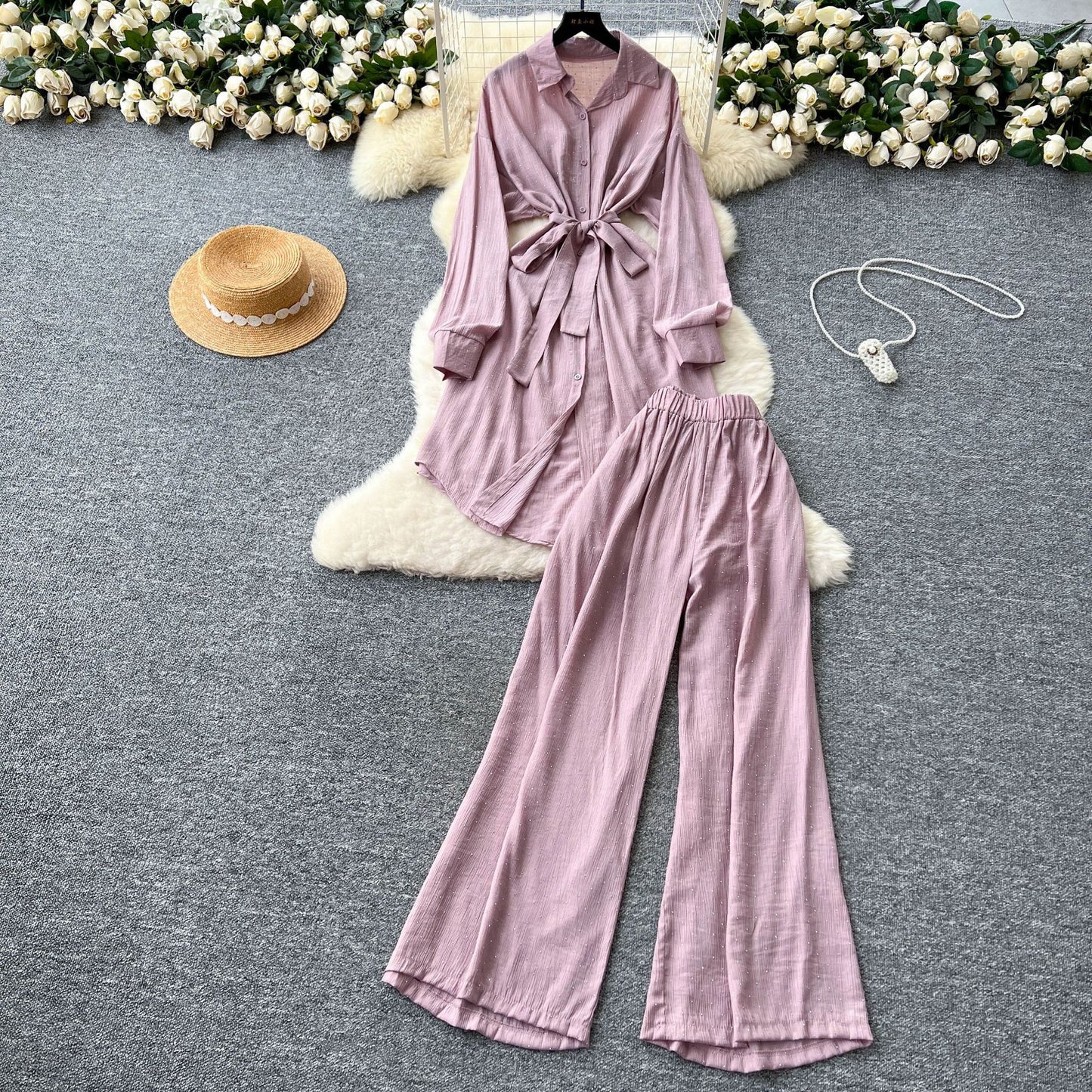 Women’s Rhinestone Shirt & Wide-Leg Pants Set