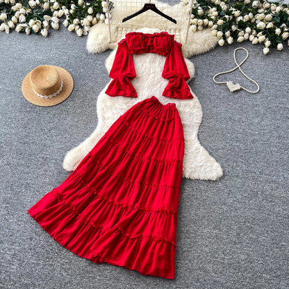 Women’s Off-Shoulder Chiffon Top & Ruffle Midi Skirt Set