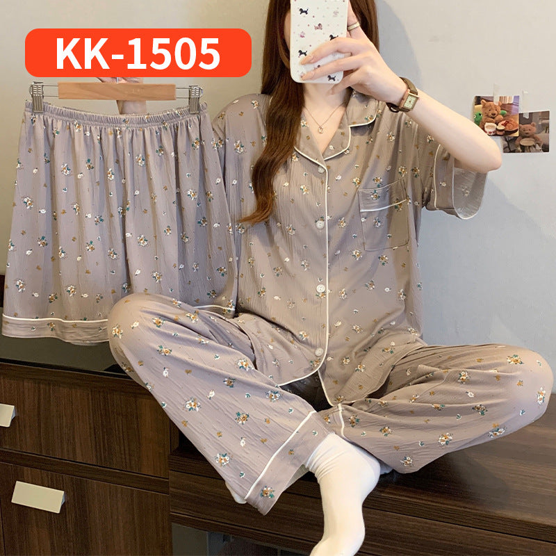 Women’s Korean Style Striped Bow 3-Piece Pajama Set