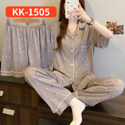 Women’s Korean Style Striped Bow 3-Piece Pajama Set