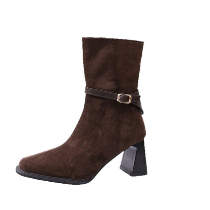 Women’s Suede Buckle Chunky Heel Mid-Calf Boots