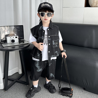 Boys’ Denim-Style Summer 3-Piece Outfit Set