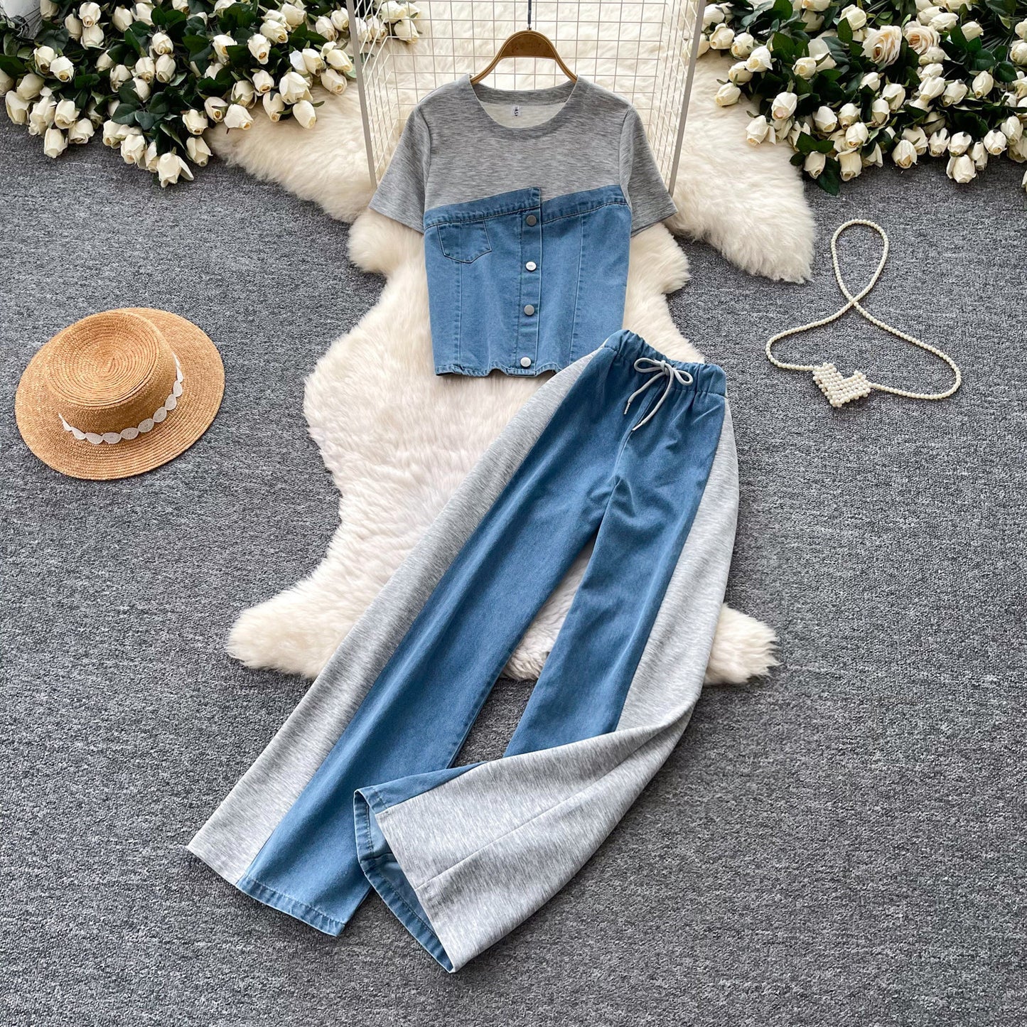 Women’s Retro Denim Two-Piece Wide-Leg Set