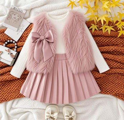 Women’s Plush Jacket, Vest & Pleated Skirt Set