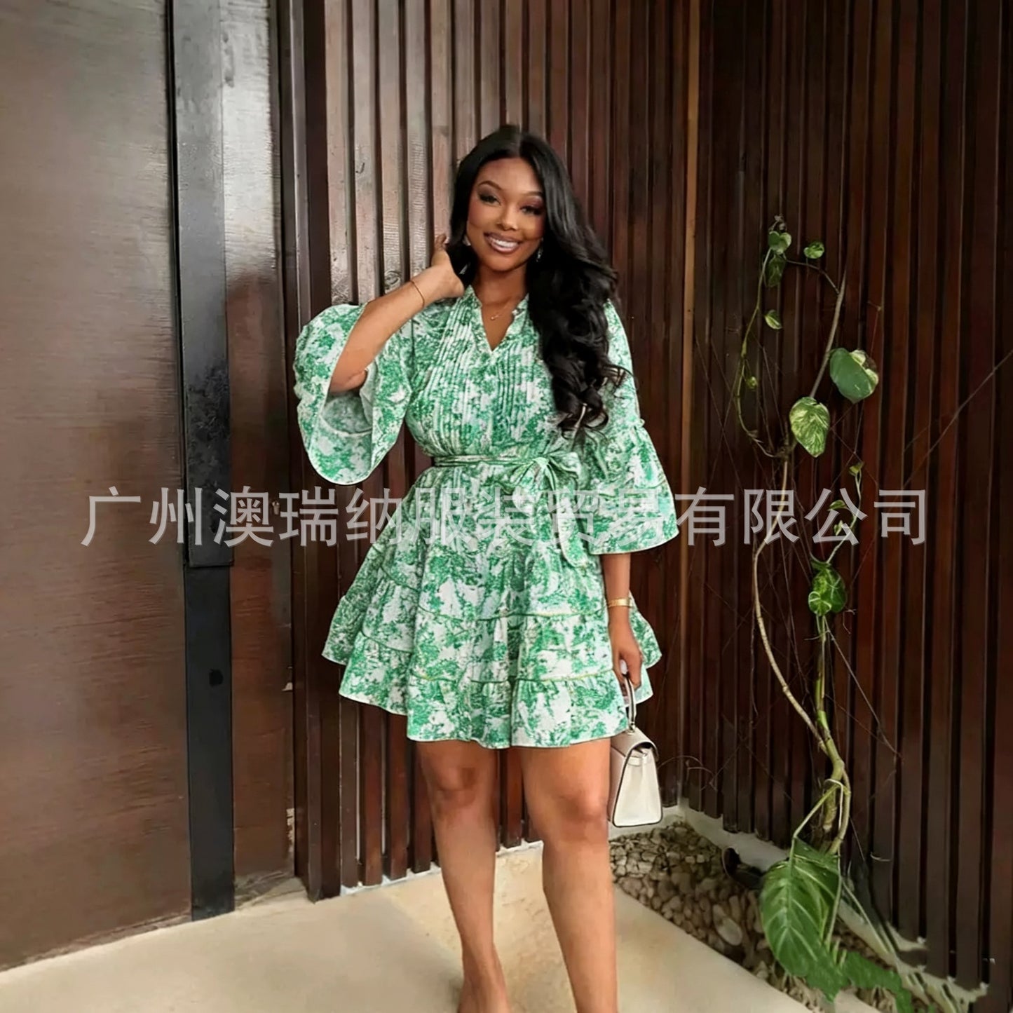 Women’s V-Neck Flared Sleeve Ruffle Dress