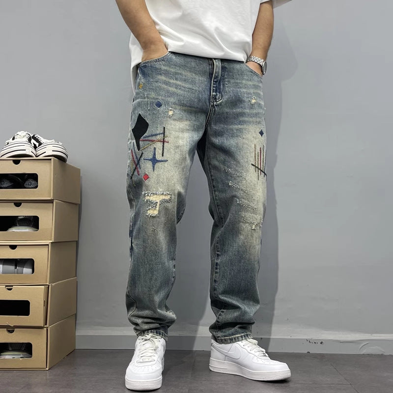 Men’s Heavy Washed Embroidered Patch Straight Jeans