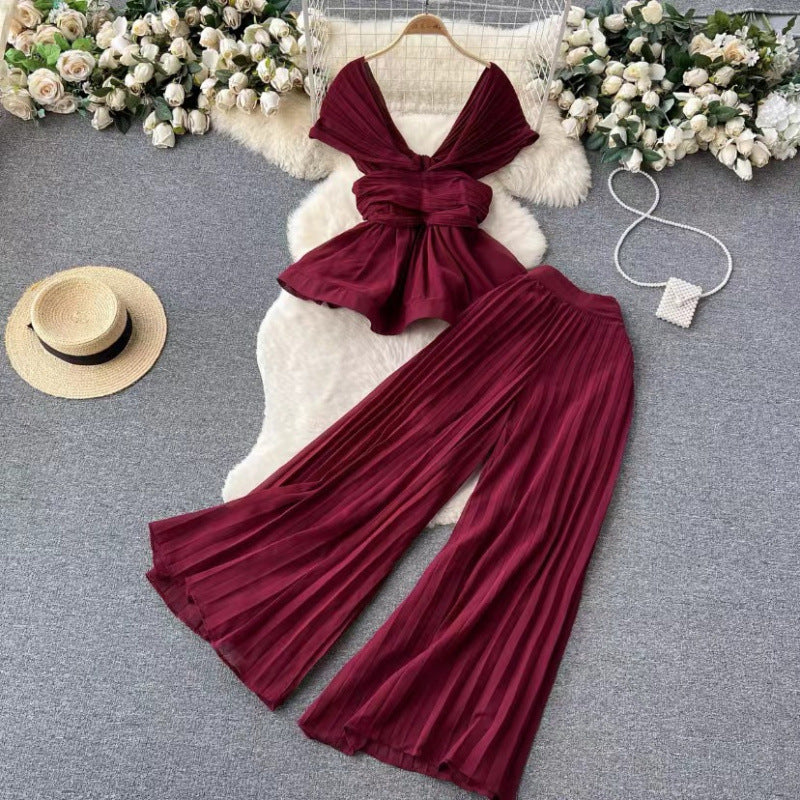 Women’s Pleated Chiffon Top & Wide-Leg Trousers Set