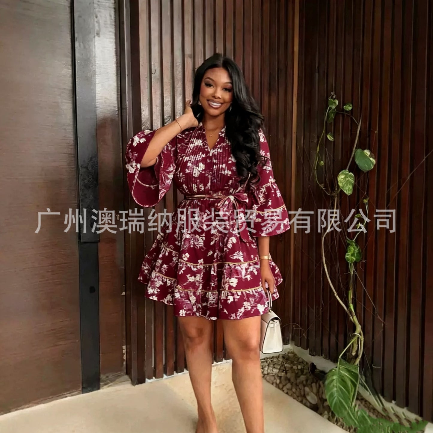 Women’s V-Neck Flared Sleeve Ruffle Dress