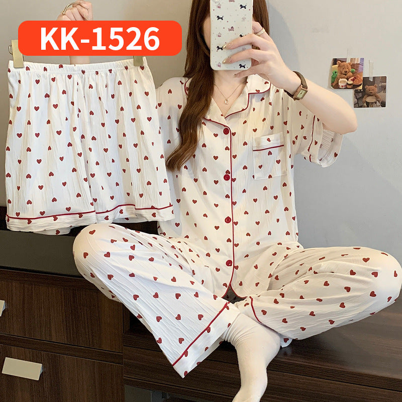 Women’s Korean Style Striped Bow 3-Piece Pajama Set