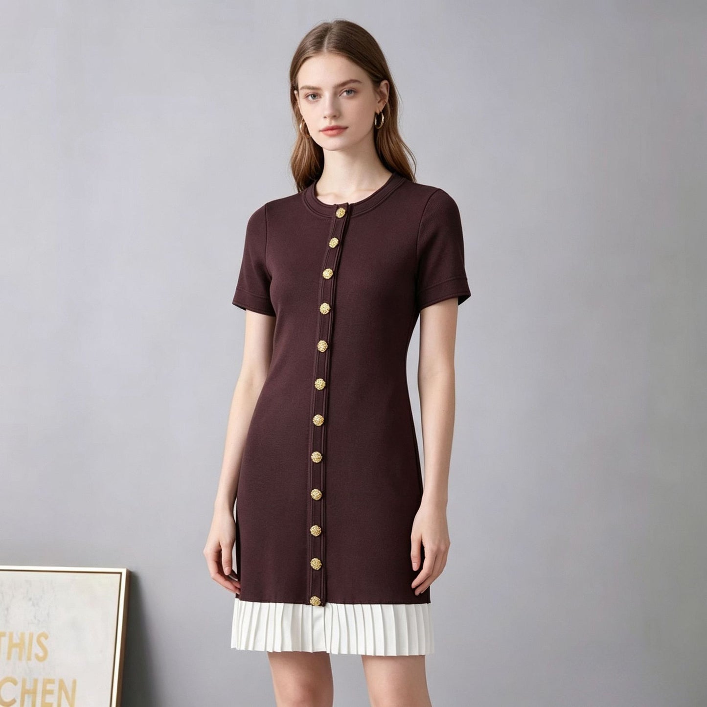 Women’s French Patchwork Knit Pleated Short Sleeve Dress