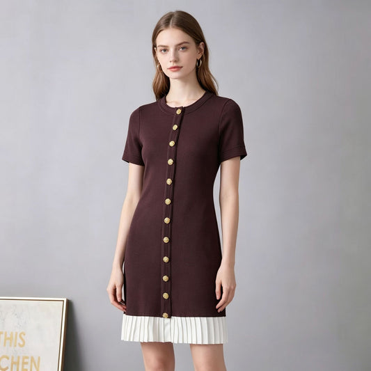 Women’s French Patchwork Knit Pleated Short Sleeve Dress