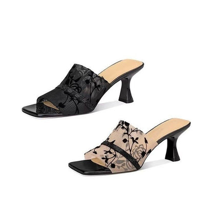 Women’s Rhinestone Lace Mesh High Heel Sandals