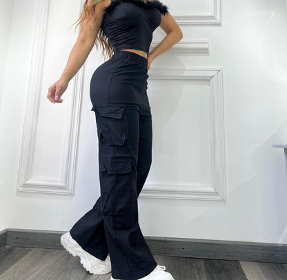 Women’s High-Waist Wide-Leg Multi-Pocket Casual Pants