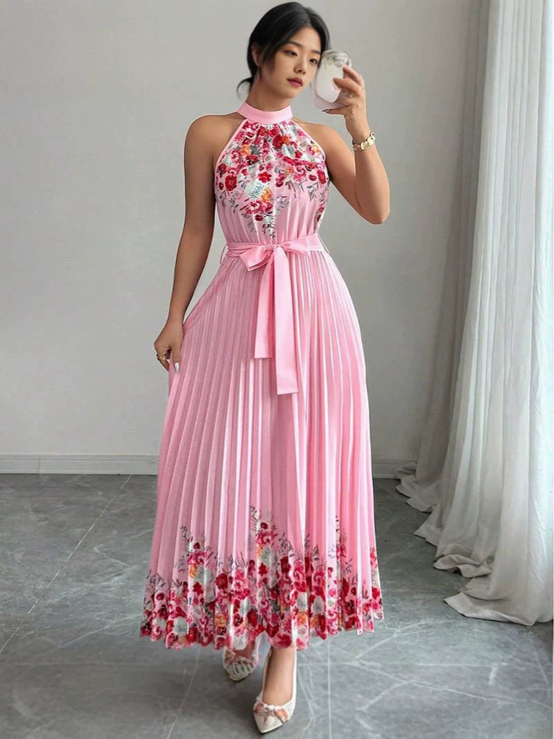 Women’s Elegant Floral Halter Pleated Maxi Dress