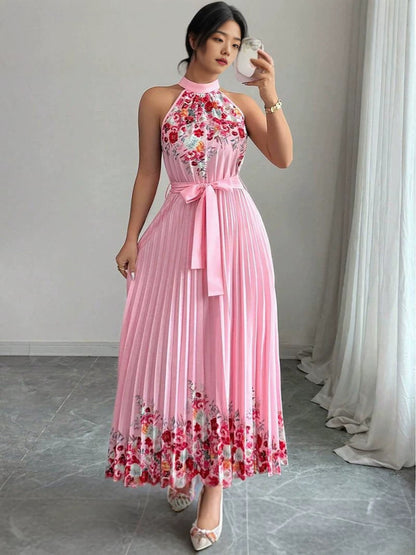 Women’s Elegant Floral Halter Pleated Maxi Dress