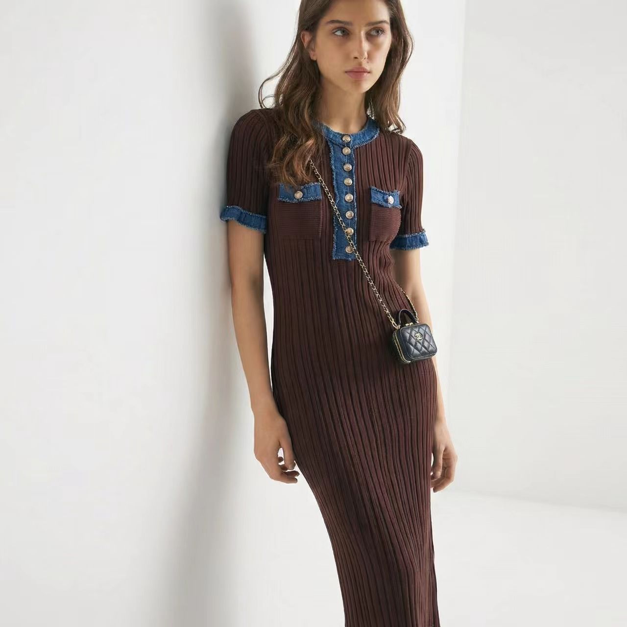 Women’s Denim Patchwork Knitted Slim Midi Dress