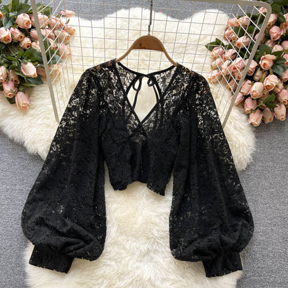 Women’s Lace-Up Open Back Lace Blouse