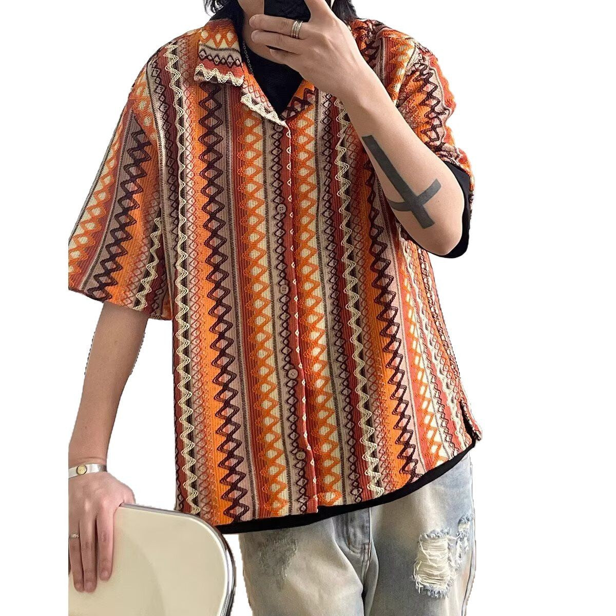 Unisex Bohemian Color-Block Cuban Collar Shirt