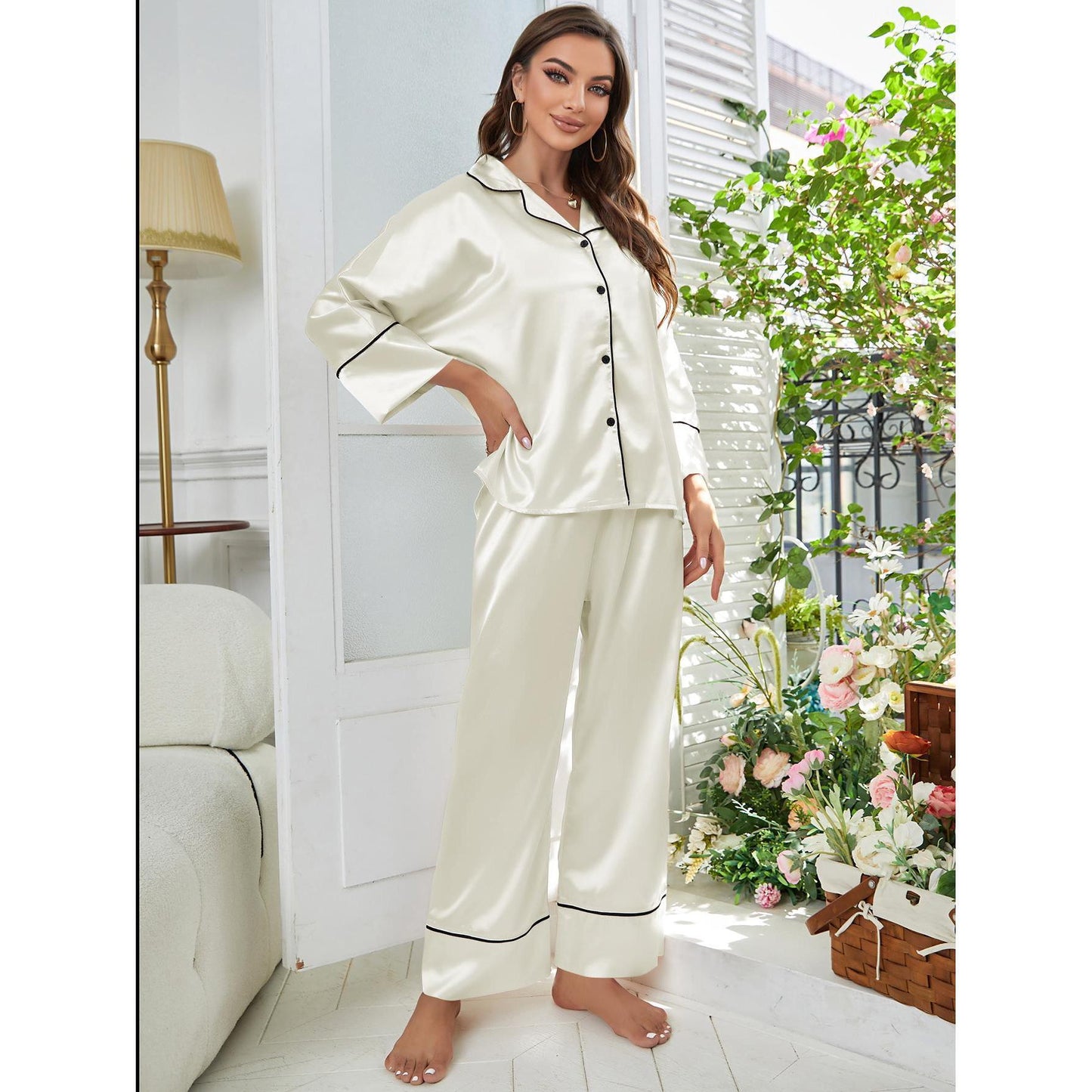 Women’s Ice Silk Embroidered Long Sleeve Pajama Set