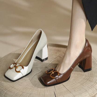 Women’s Vintage Square-Toe Chunky Heel Pumps