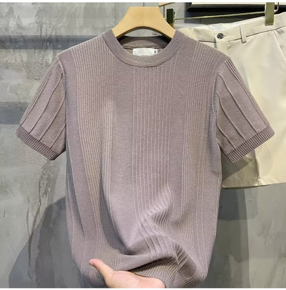 Men’s Vertical Stripe Knitted Short Sleeve T-Shirt
