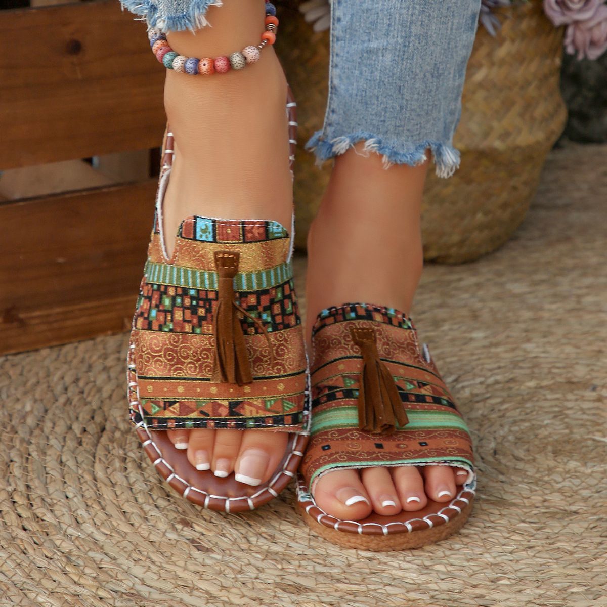 Women’s Tassel One-Strap Flat Beach Slippers