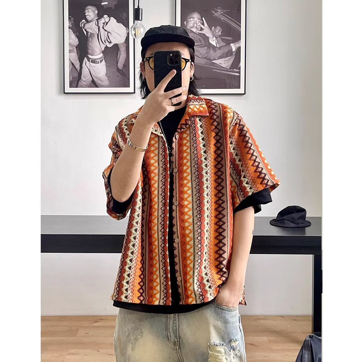 Unisex Bohemian Color-Block Cuban Collar Shirt