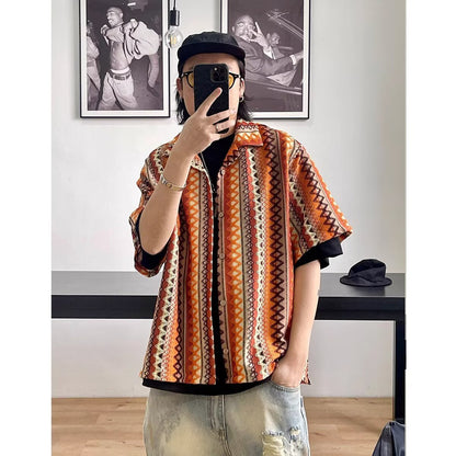 Unisex Bohemian Color-Block Cuban Collar Shirt