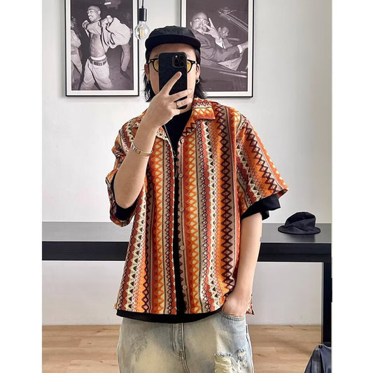 Unisex Bohemian Color-Block Cuban Collar Shirt