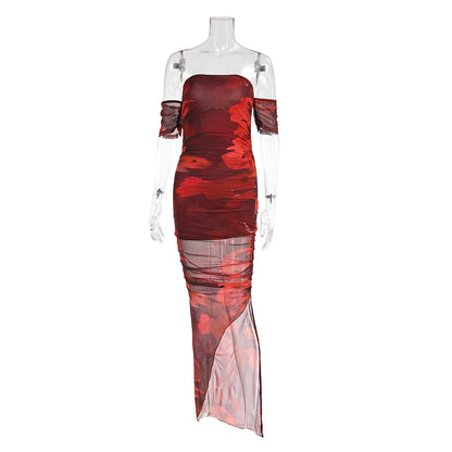 Women’s Off-Shoulder Tie-Dye Mesh Slit Pencil Dress