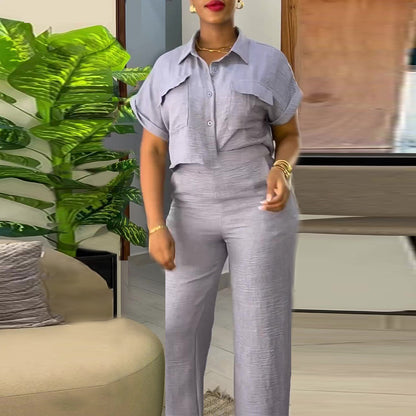 Women’s Lapel Short Sleeve Shirt & Wide Leg Pants Set