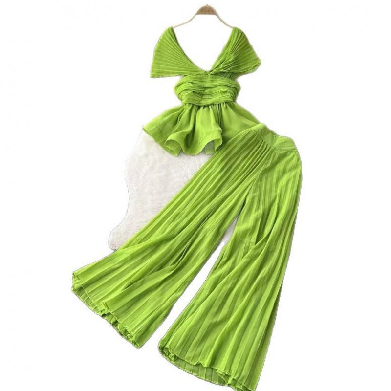 Women’s Pleated Chiffon Top & Wide-Leg Trousers Set