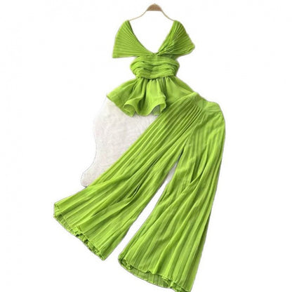 Women’s Pleated Chiffon Top & Wide-Leg Trousers Set