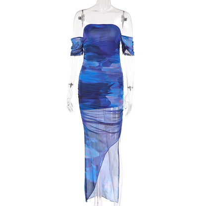 Women’s Off-Shoulder Tie-Dye Mesh Slit Pencil Dress