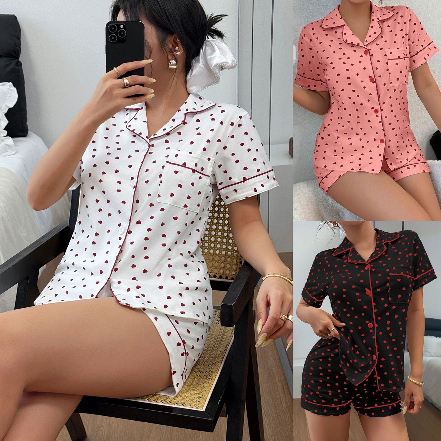 Women’s Cotton Heart Print Pajama Set with Cardigan
