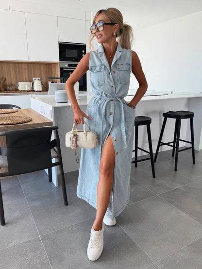 Women’s Sleeveless Lace-Up Waist Denim Dress