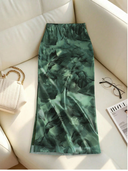 Women’s High-Waist Mesh Slit Midi Skirt