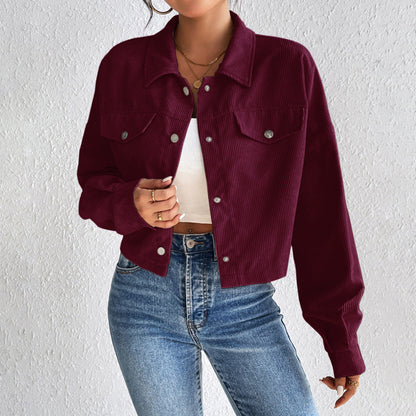 Women’s Casual Polo Collar Button-Up Short Jacket