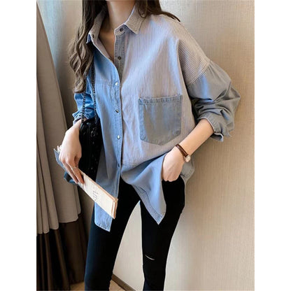 Women’s Striped Patchwork Denim Shirt Jacket