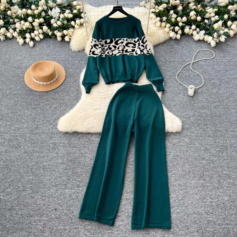 Women’s Leopard Print Knit Top & Wide-Leg Pants Set