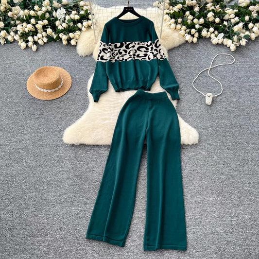 Women’s Leopard Print Knit Top & Wide-Leg Pants Set