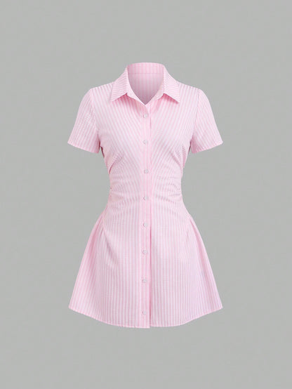 Women’s Puff Sleeve V-Neck Pleated Shirt Dress