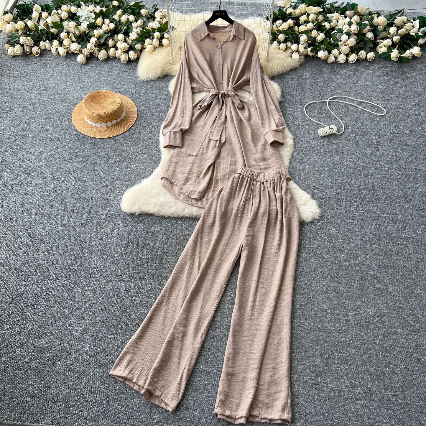 Women’s Rhinestone Shirt & Wide-Leg Pants Set