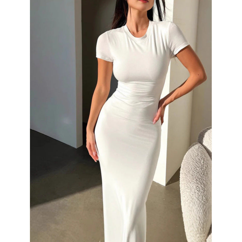 Women’s Solid Color Slim Fit Short Sleeve Midi Dress
