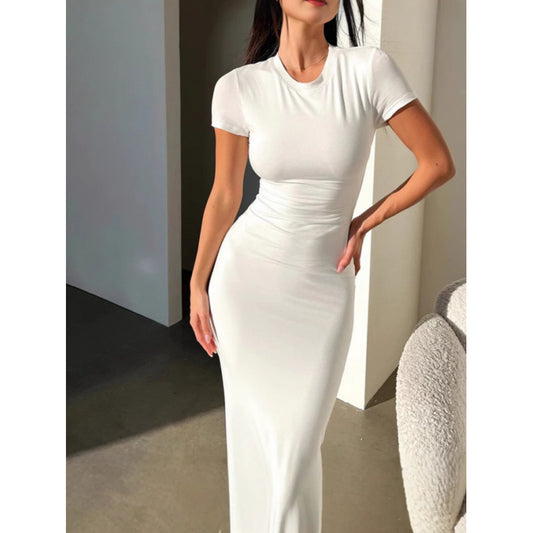 Women’s Solid Color Slim Fit Short Sleeve Midi Dress