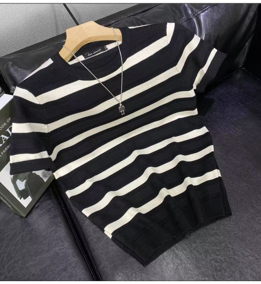Men’s Ice Silk Striped Color-Block Knit T-Shirt