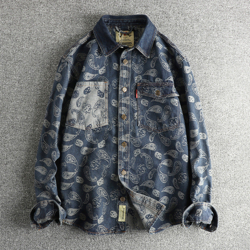 Men’s Retro Yarn-Dyed Floral Denim Shirt Jacket
