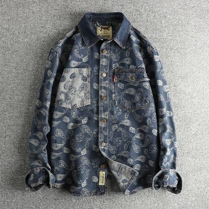 Men’s Retro Yarn-Dyed Floral Denim Shirt Jacket