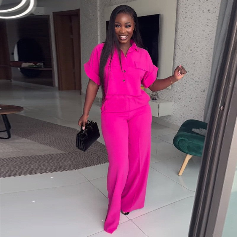 Women’s Lapel Short Sleeve Shirt & Wide Leg Pants Set